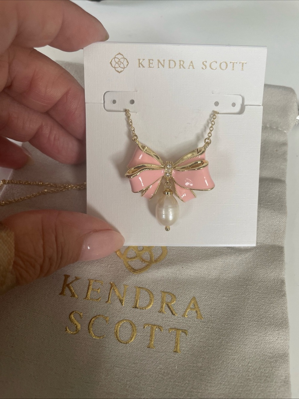 Kendra Scott Pink Enamel Bow Necklace with Pearl Drop